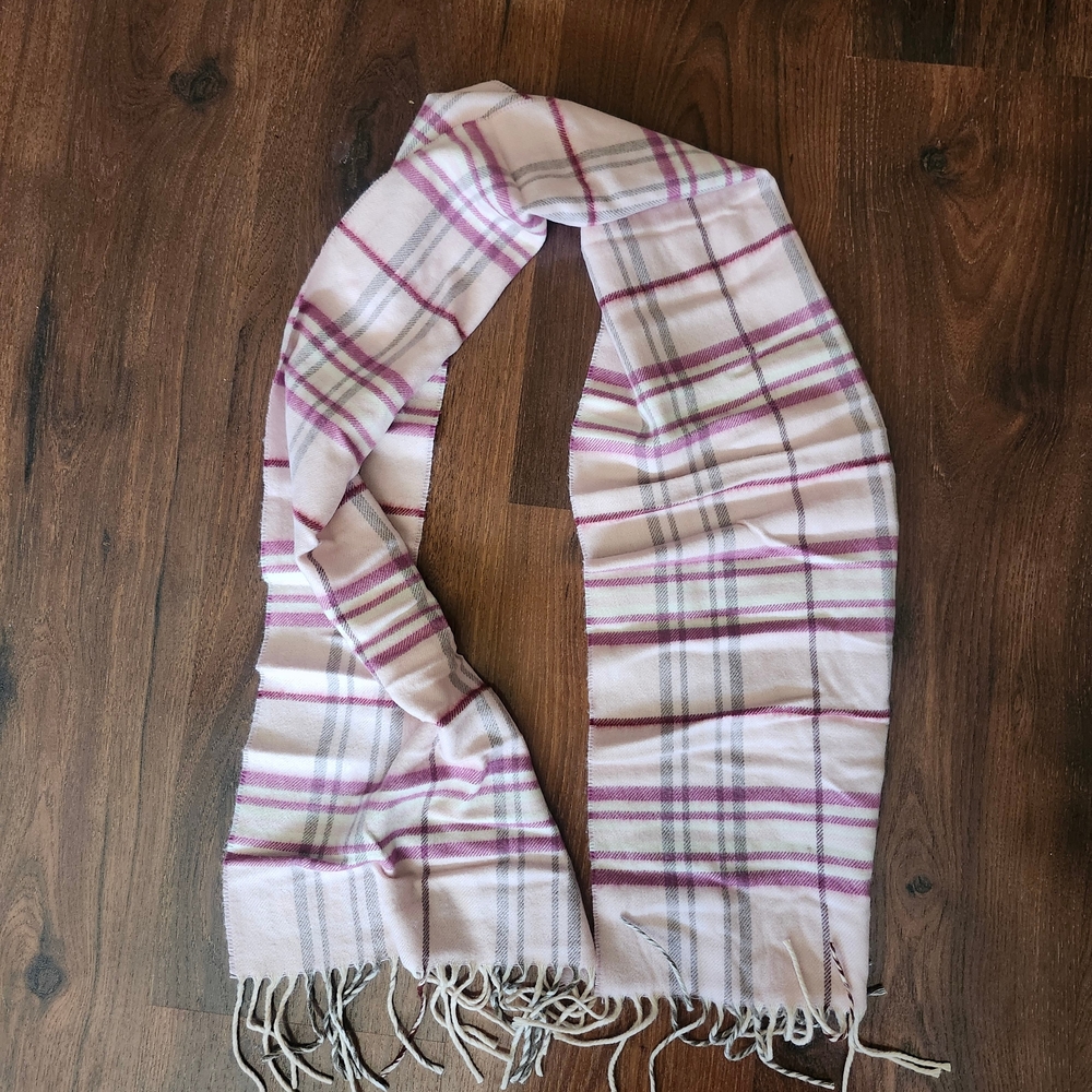 V. FRAAS Pink and Gray Plaid Scarf with Fringe